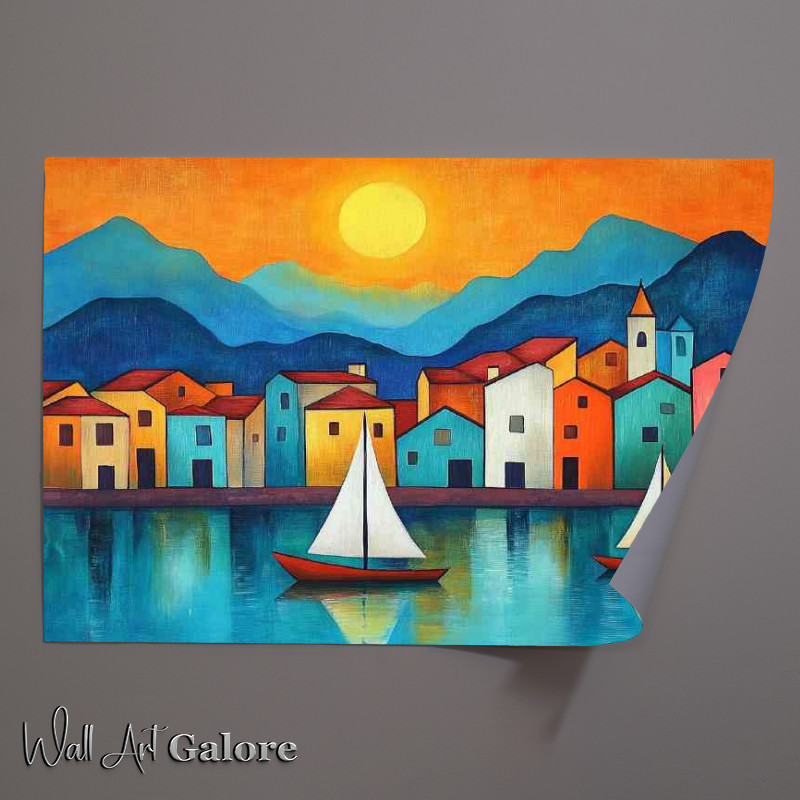 Buy Unframed Poster : (Sailboats on the lake a small town in front of the yellow sun)