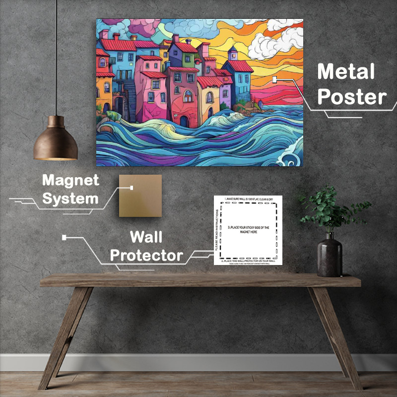 Buy Metal Poster : (Village by the sea with crashing waves and water flow lines)