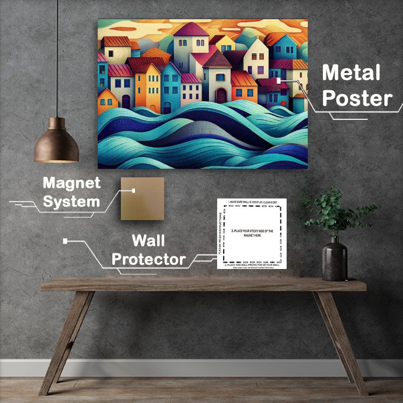 Buy Metal Poster : (Village by the sea with waves and water flow lines)