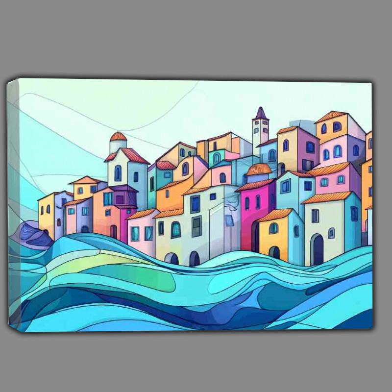 Buy Canvas : (Village by the sea with waves and water waves)