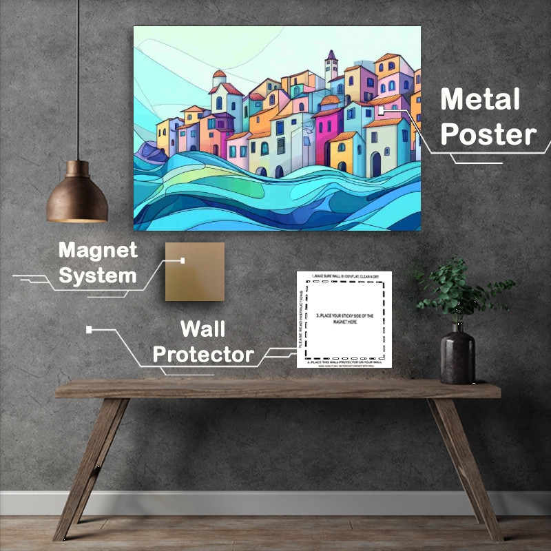 Buy Metal Poster : (Village by the sea with waves and water waves)