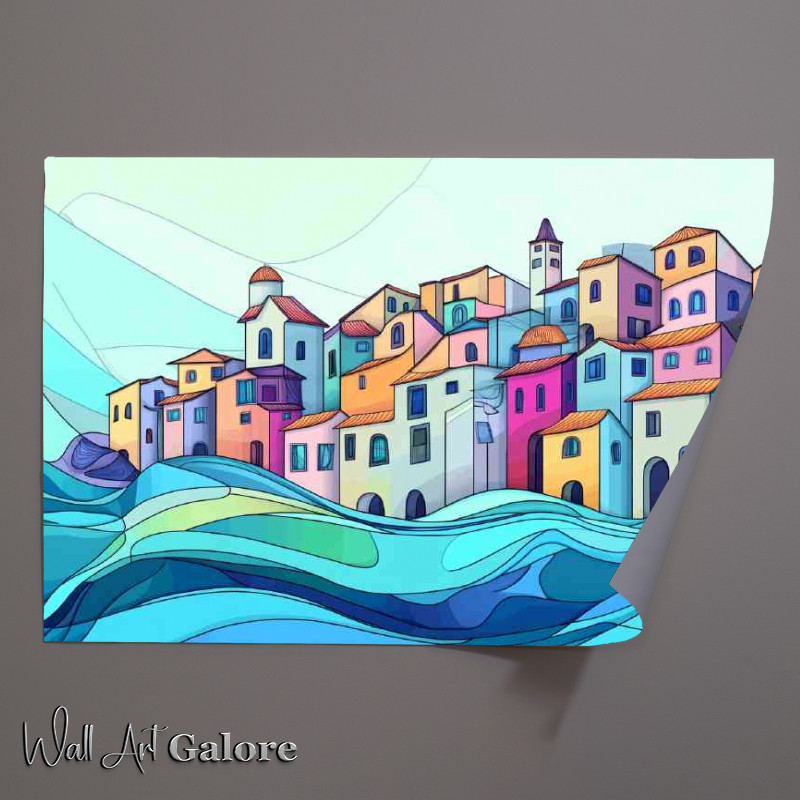 Buy Unframed Poster : (Village by the sea with waves and water waves)