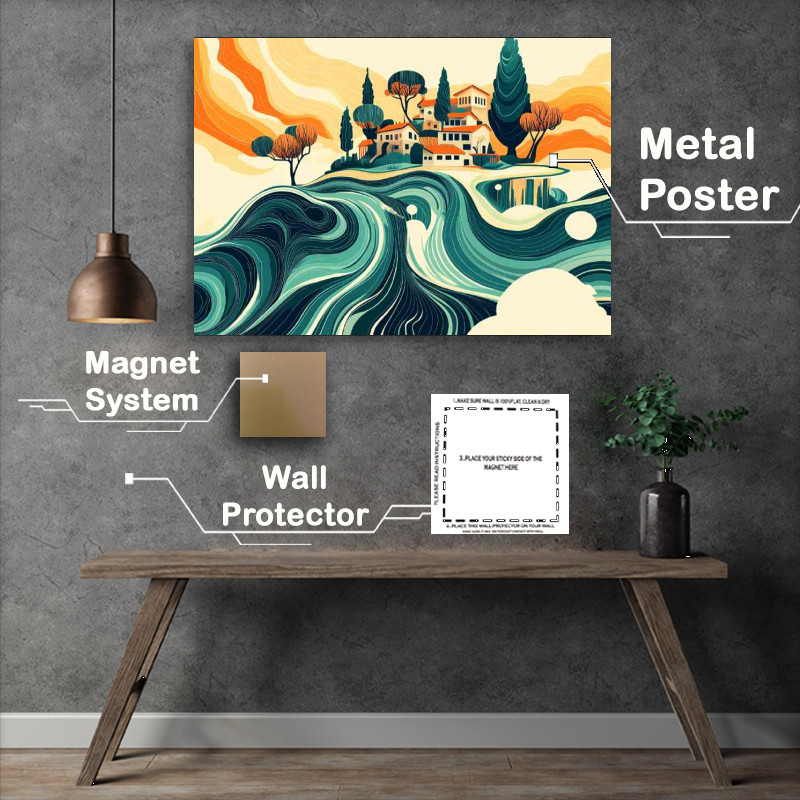 Buy Metal Poster : (Island with houses and trees sun)