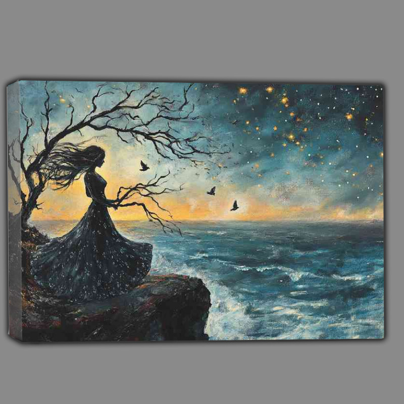 Buy Canvas : (Woman in a long dress stands on a cliff the wind blowing)