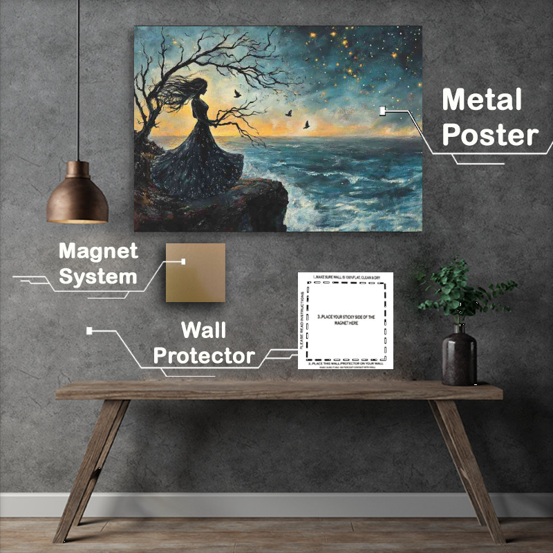 Buy Metal Poster : (Woman in a long dress stands on a cliff the wind blowing)