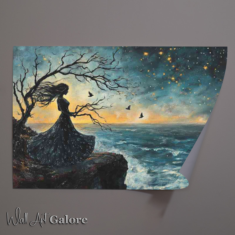 Buy Unframed Poster : (Woman in a long dress stands on a cliff the wind blowing)