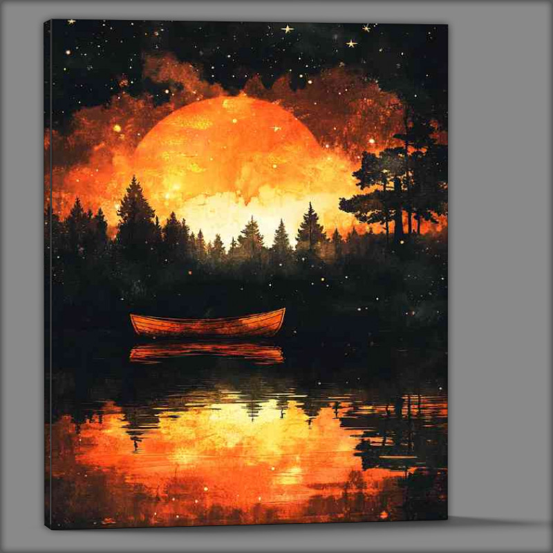 Buy Canvas : (A boat on the water in front of an orange and black sea)