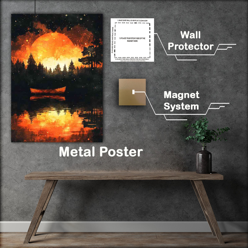 Buy Metal Poster : (A boat on the water in front of an orange and black sea)