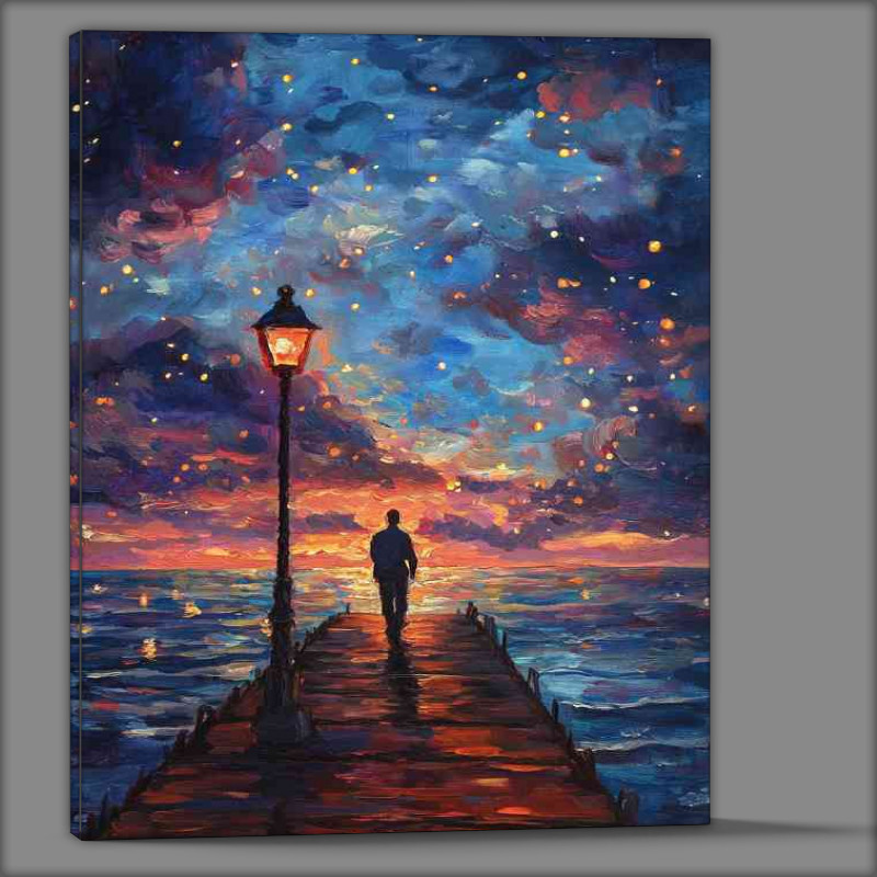 Buy Canvas : (A painting of an oil painting of a man walking on a pier)