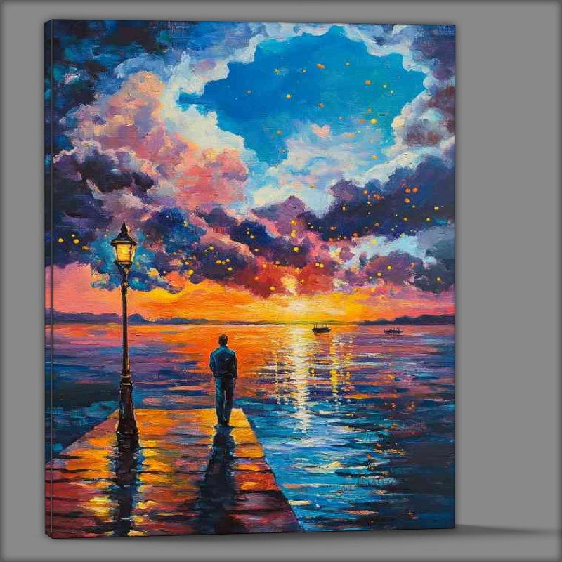 Buy Canvas : (A painting of an oil painting of a man walking on a pier during sunset)