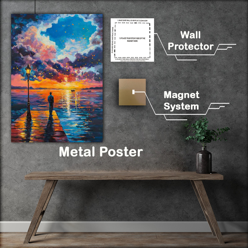 Buy Metal Poster : (A painting of an oil painting of a man walking on a pier during sunset)