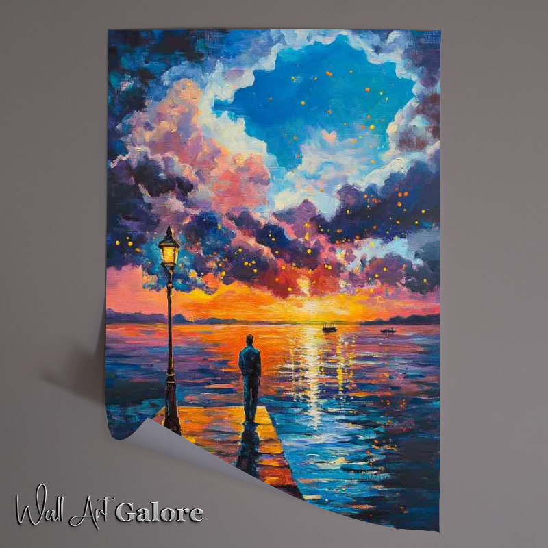 Buy Unframed Poster : (A painting of an oil painting of a man walking on a pier during sunset)