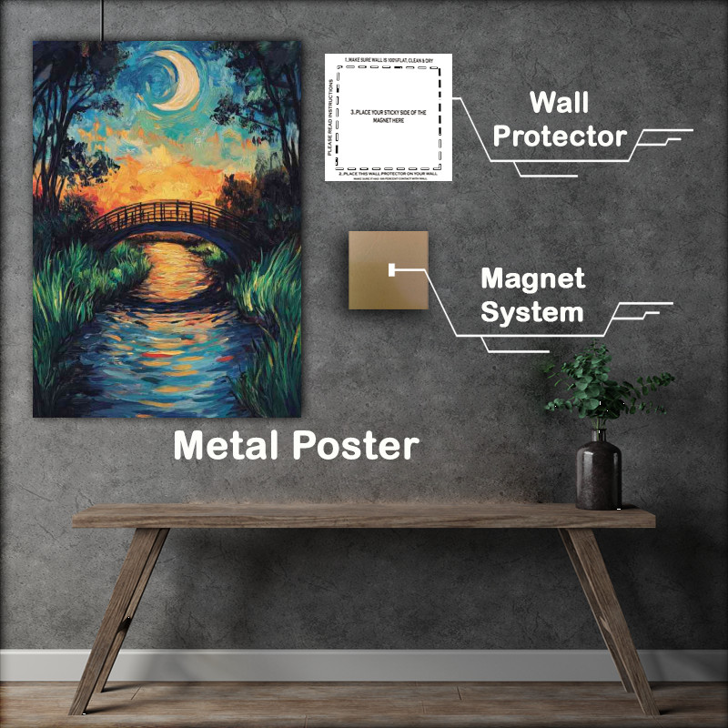 Buy Metal Poster : (A small bridge over the river surrounded by lush grass)
