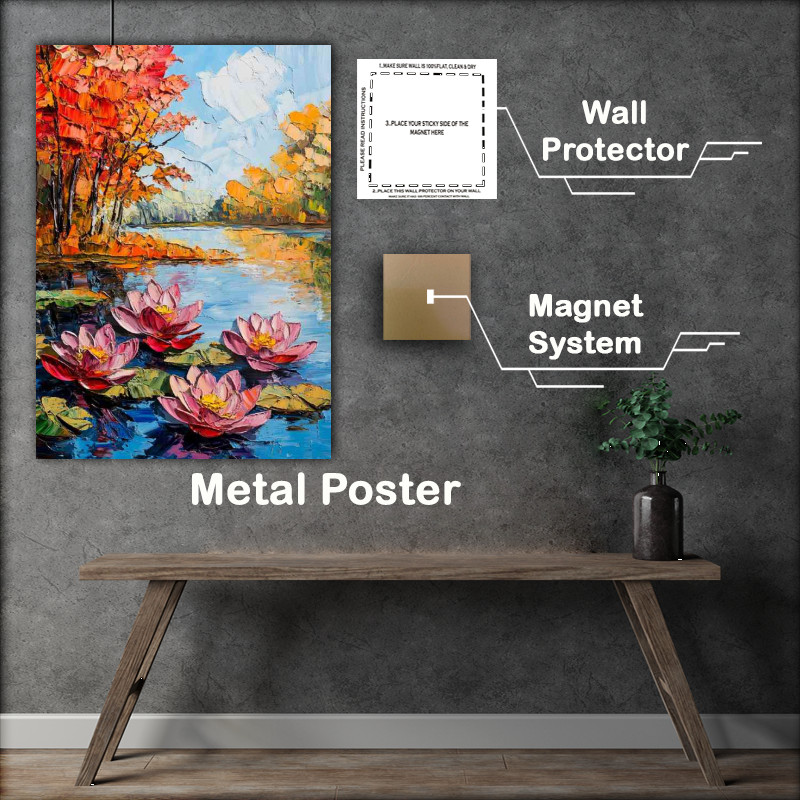 Buy Metal Poster : (Colorful lotus flowers and leaves floating on the lake)