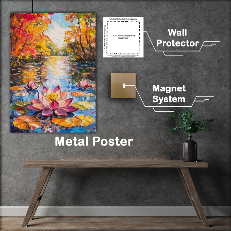 Buy Metal Poster : (Colorful lotus flowers and leaves floating on the water)