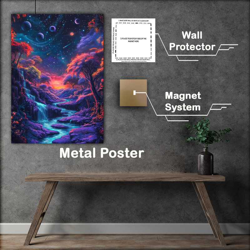 Buy Metal Poster : (Landscape of vibrant colors featuring flowing waterfalls and rivers)