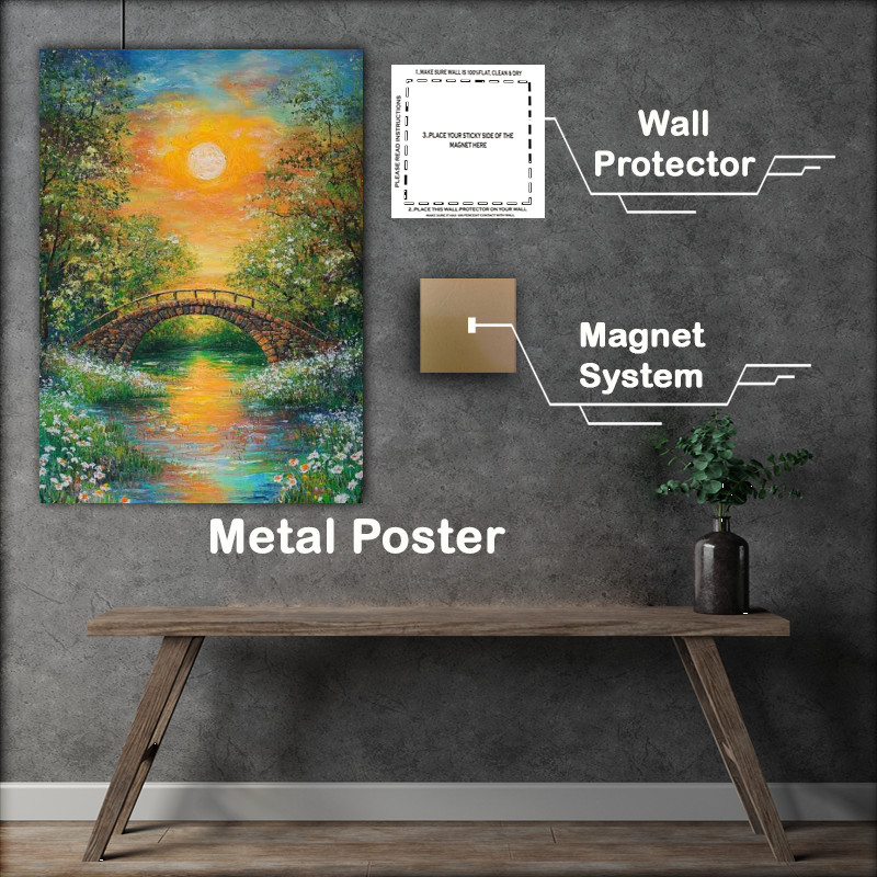 Buy Metal Poster : (Painting of an old bridge over the river a beautiful)