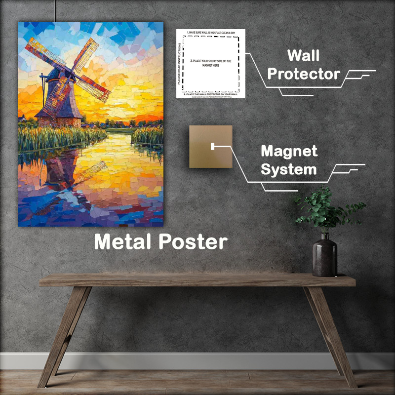 Buy Metal Poster : (The windmill is located by the river with a colorful)