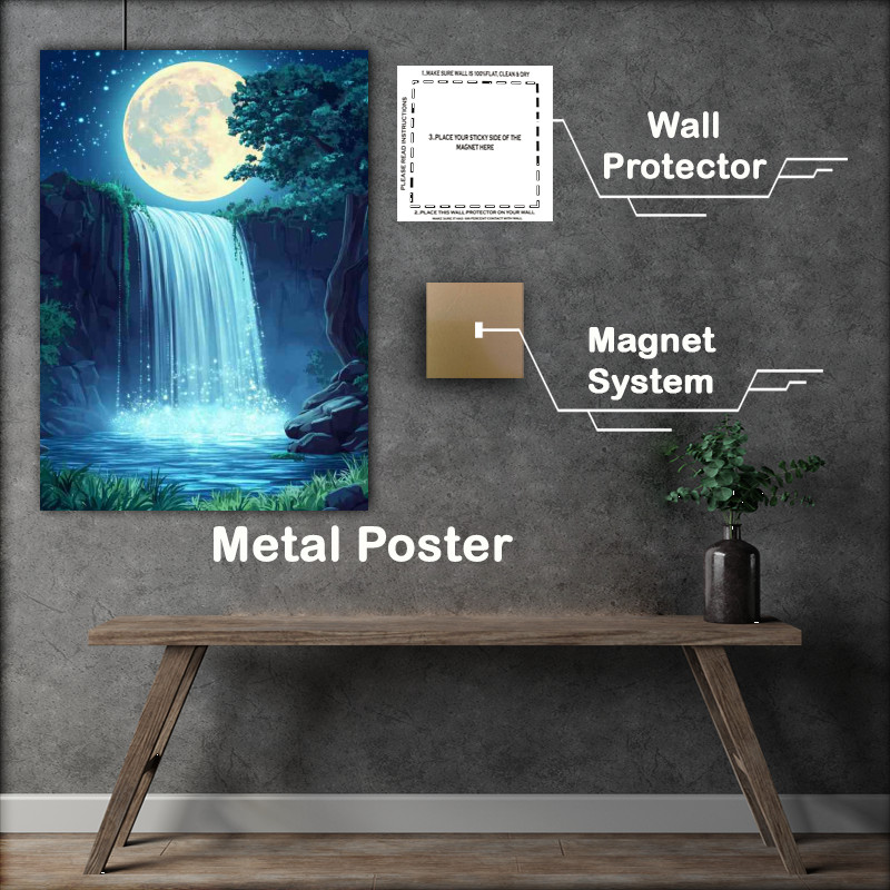 Buy Metal Poster : (Waterfall the sky moonlight shining)