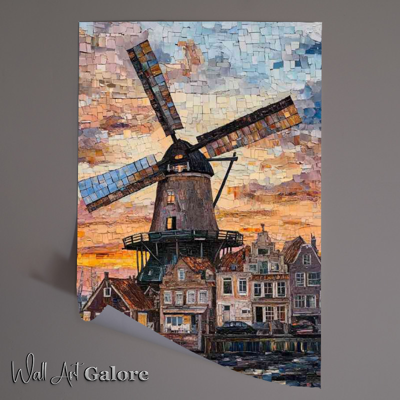 Buy Unframed Poster : (Windmill on the riverbank houses in front of it sun)