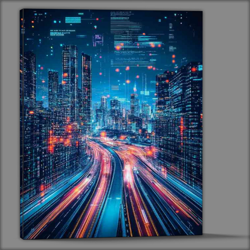 Buy Canvas : (City at night with neon orange lights and skyscrapers)