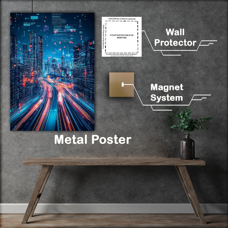 Buy Metal Poster : (City at night with neon orange lights and skyscrapers)
