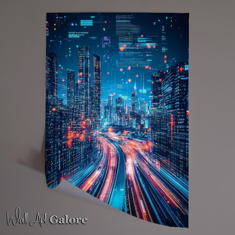 Buy Unframed Poster : (City at night with neon orange lights and skyscrapers)