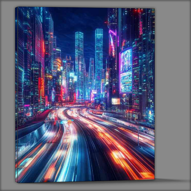 Buy Canvas : (City skyline at night illuminated by neon lights)