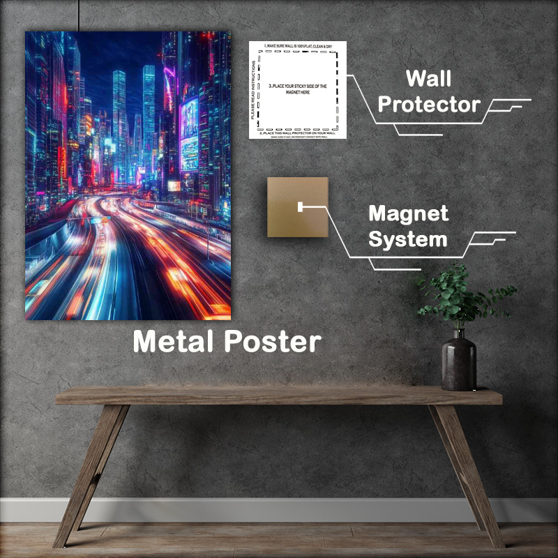 Buy Metal Poster : (City skyline at night illuminated by neon lights)