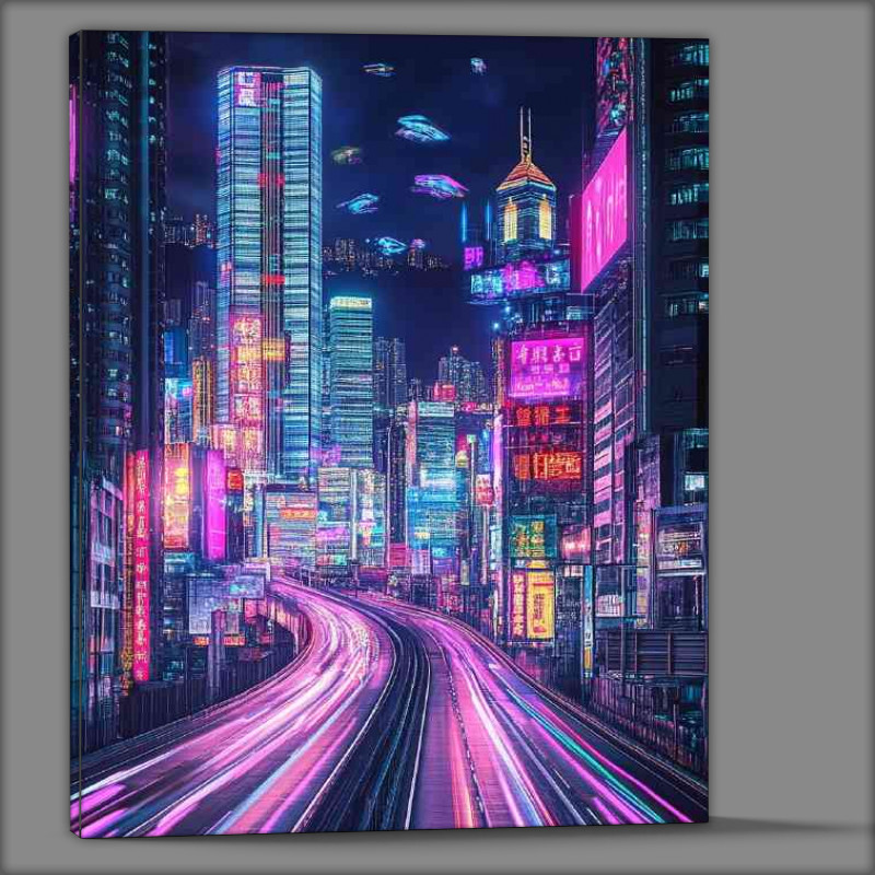 Buy Canvas : (City skyline at night with neon lights)