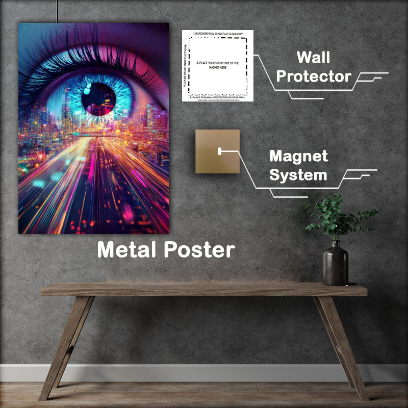 Buy Metal Poster : (Eye with long eyelashes digital lines of light)