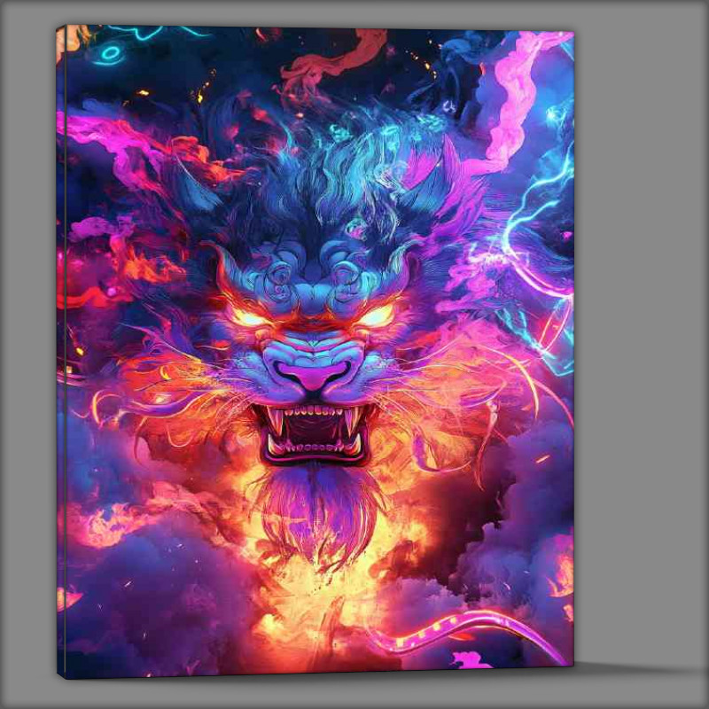 Buy Canvas : (Fierce looking multicolored lion with glowing eyes)