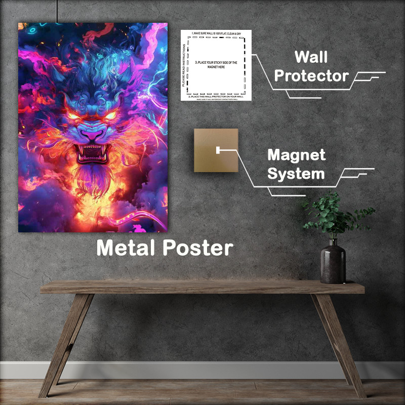 Buy Metal Poster : (Fierce looking multicolored lion with glowing eyes)