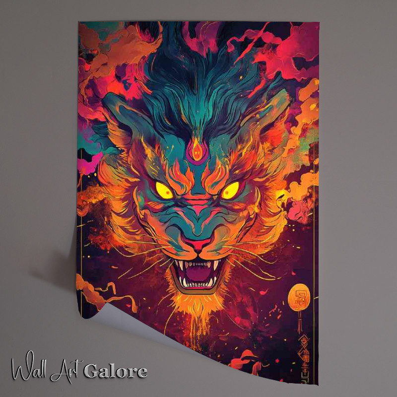 Buy Unframed Poster : (Fierce looking multicolored lion with glowing eyes splat art)