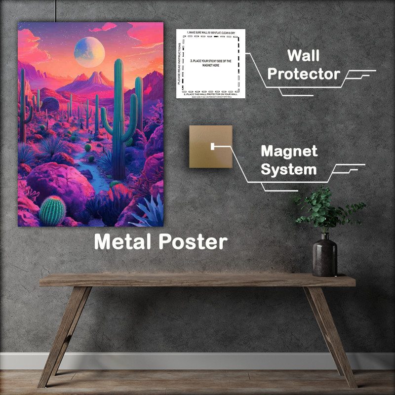 Buy Metal Poster : (Fluid motifs of the desert cacti and surreal landscape)