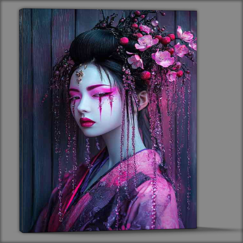 Buy Canvas : (Japanese woman in the style of cyberpunk with pink flowers)