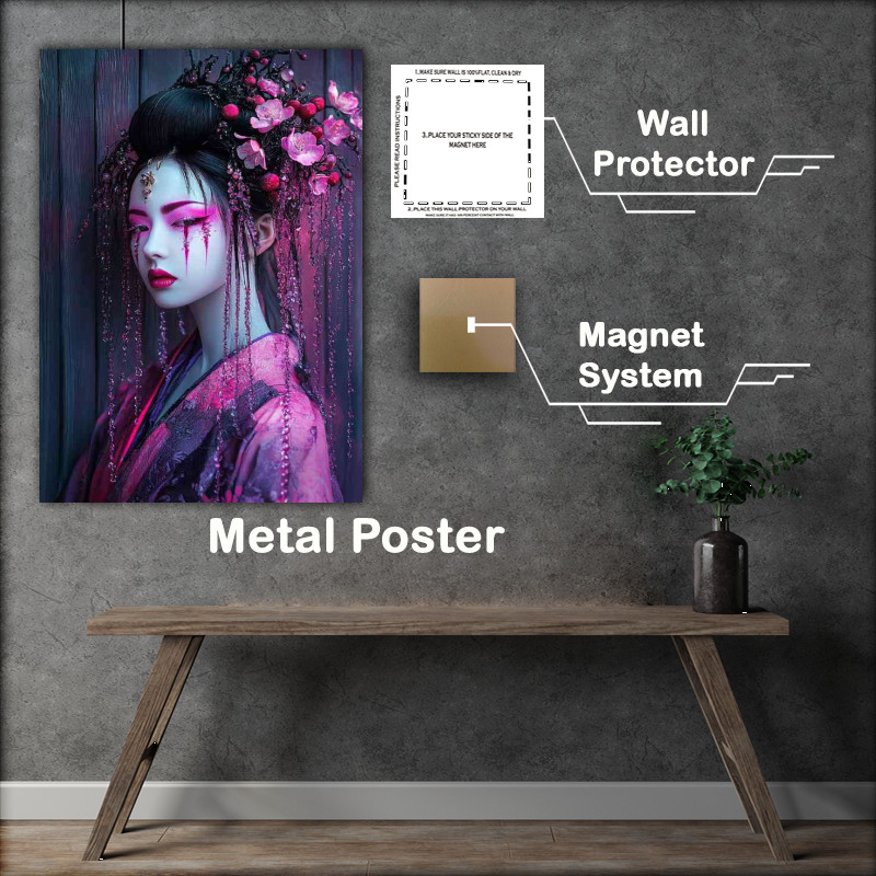 Buy Metal Poster : (Japanese woman in the style of cyberpunk with pink flowers)