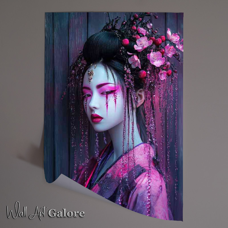 Buy Unframed Poster : (Japanese woman in the style of cyberpunk with pink flowers)