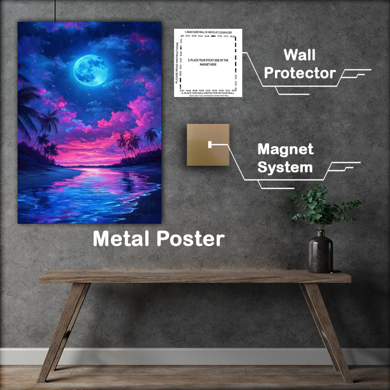 Buy Metal Poster : (Neon moon and blue sky neon clouds)