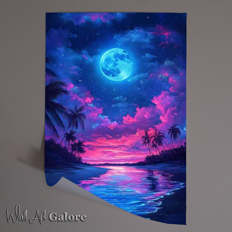 Buy Unframed Poster : (Neon moon and blue sky neon clouds)
