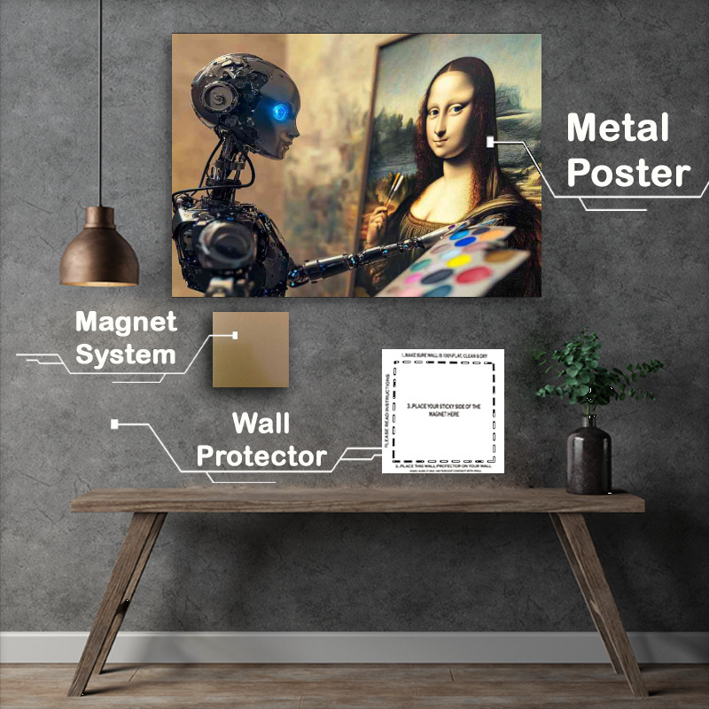 Buy Metal Poster : (AI robot with blue eyes painting the Mona lisa)