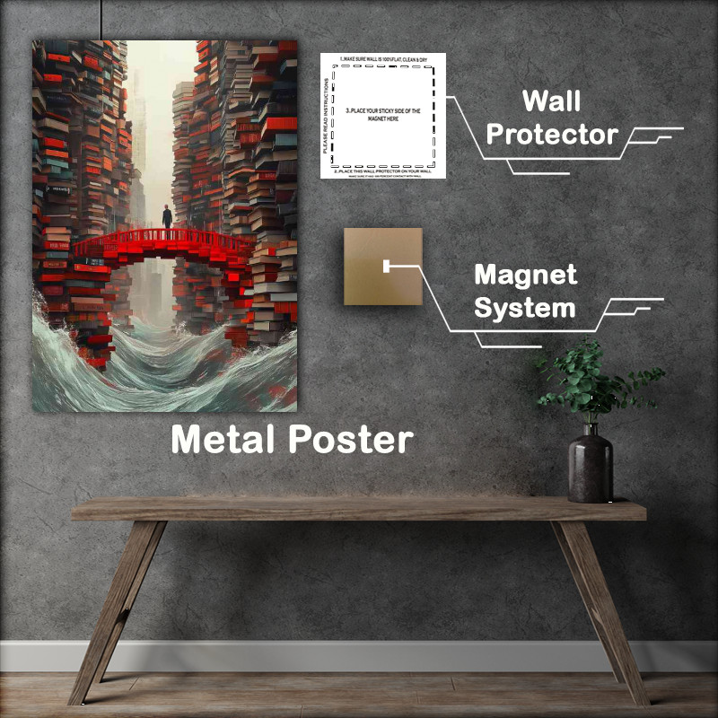 Buy Metal Poster : (A red bridge made of books is in the center)