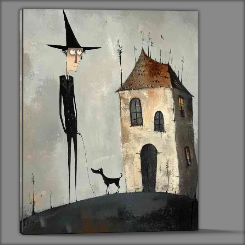 Buy Canvas : (A tall thin man with a pointy hat walking the dog)