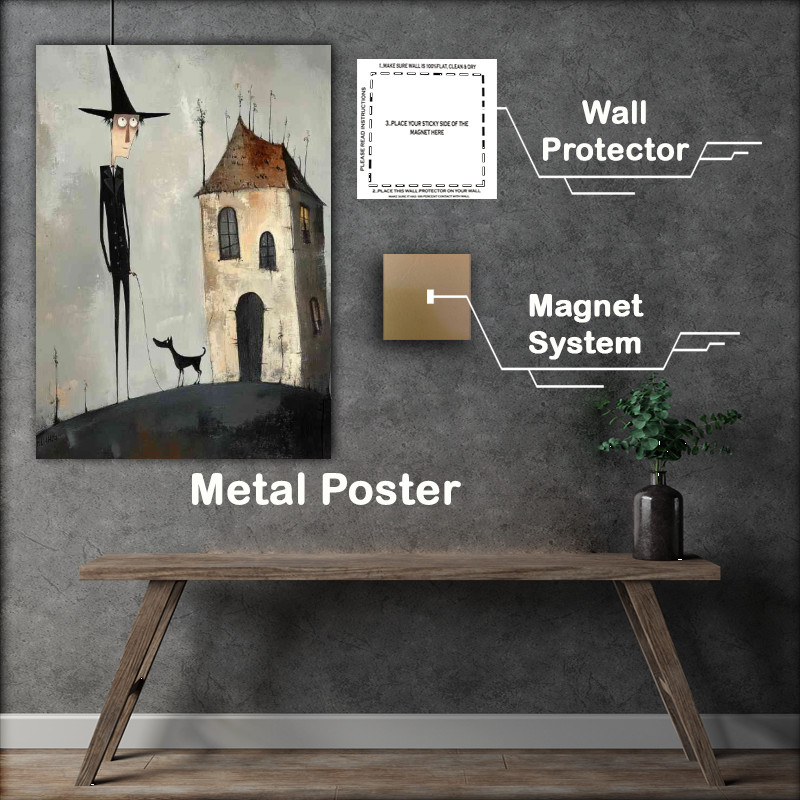 Buy Metal Poster : (A tall thin man with a pointy hat walking the dog)
