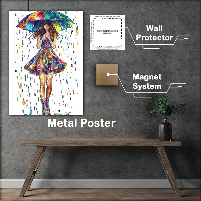 Buy Metal Poster : (Colorful girl with an umbrella splashed mosaic)