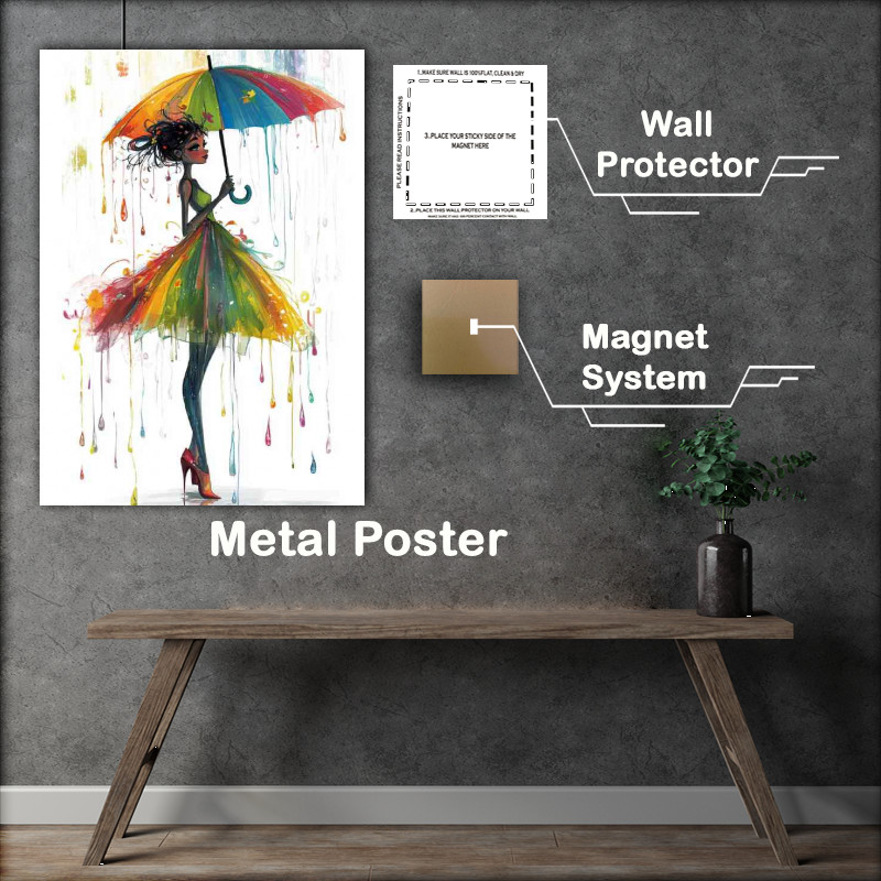 Buy Metal Poster : (Girl in an umbrella like skirt stands colourful rain drops)