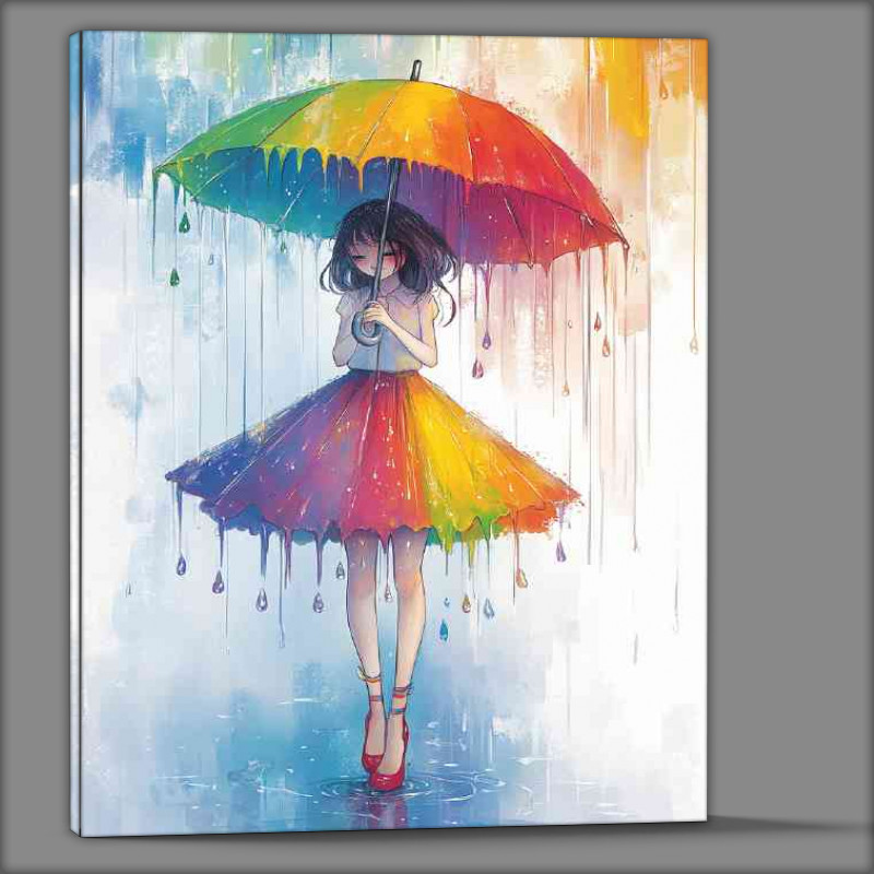 Buy Canvas : (Girl in an umbrella like skirt stands under the rai nbow drops)
