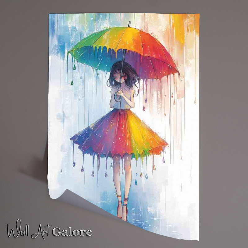Buy Unframed Poster : (Girl in an umbrella like skirt stands under the rai nbow drops)