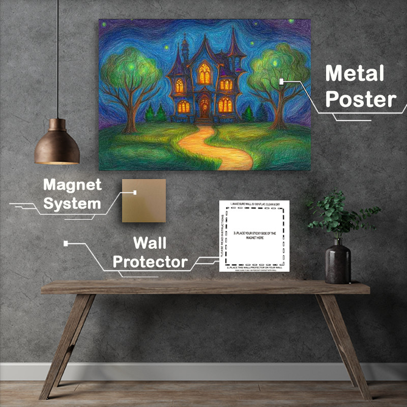Buy Metal Poster : (Colored pencil drawing depicting a beautiful house on the hil)