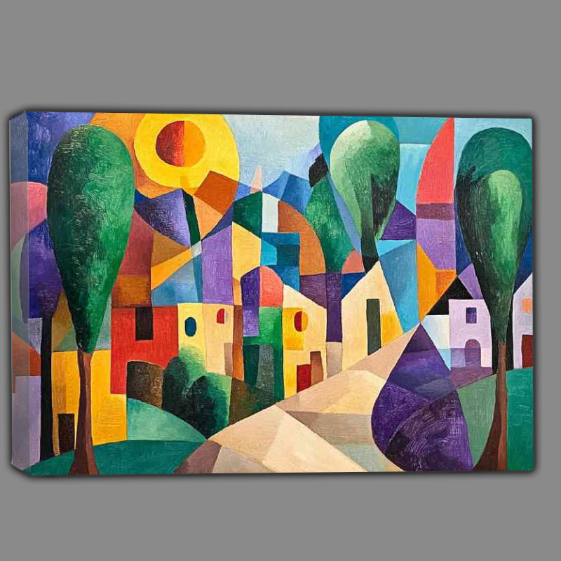 Buy Canvas : (Cubist painting of a small town with trees)